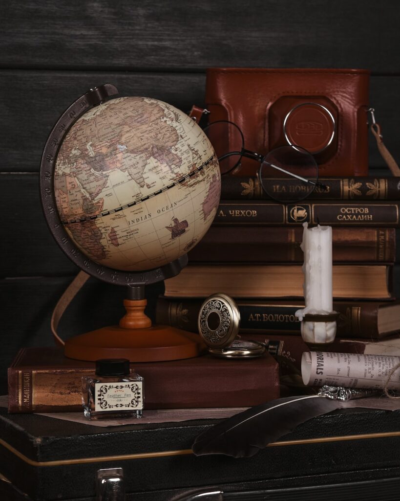 brown and silver desk globe