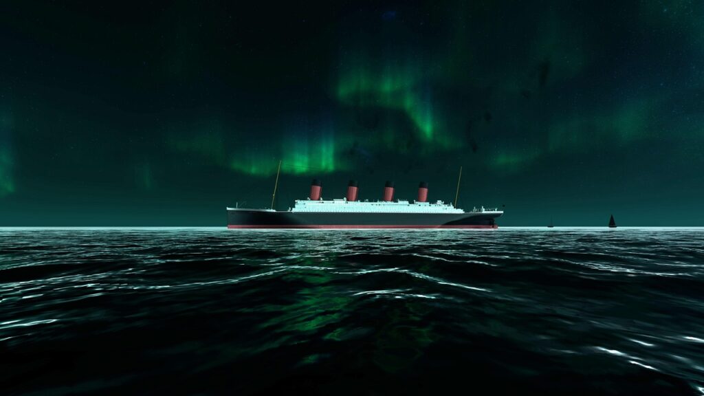 northern lights, titanic, sea, ship, ocean, landscape, cruise, sailing, 3d render, 3d mockup, titanic, titanic, titanic, titanic, titanic